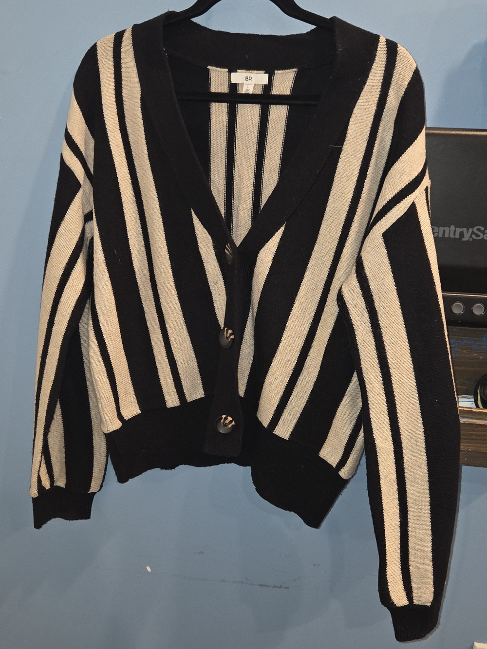 bp Black & Cream Vertical Stripe V‑Neck Cardigan